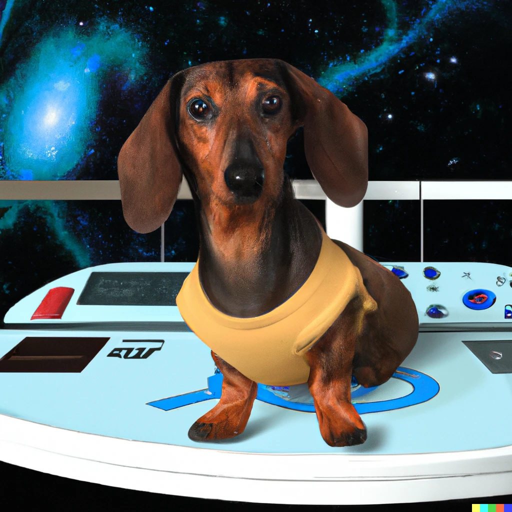 Prompt: A Dachshund captain on the bridge of the Star Trek Enterprise 1701-D, photorealistic