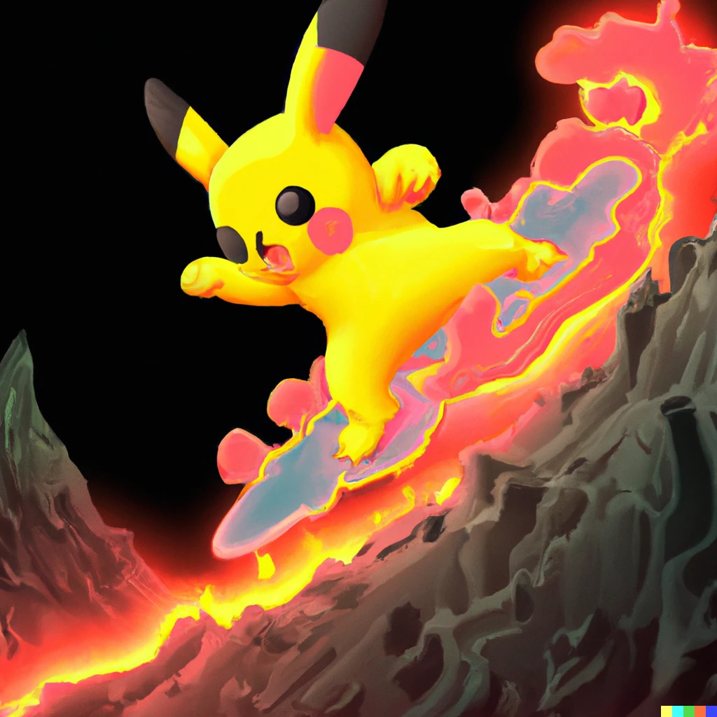 Prompt: Futuristic art of Pikachu surfing lava