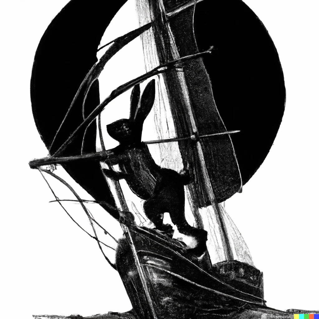 Prompt: Black rabbit sailing a tall ship to the moon, art nouveau 