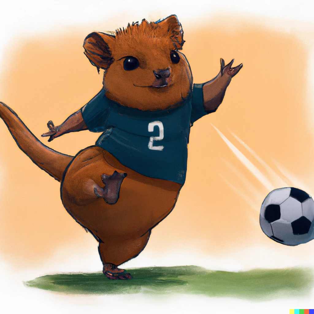Prompt: Illustration of a heroic quokka playing soccer, exciting digital art
