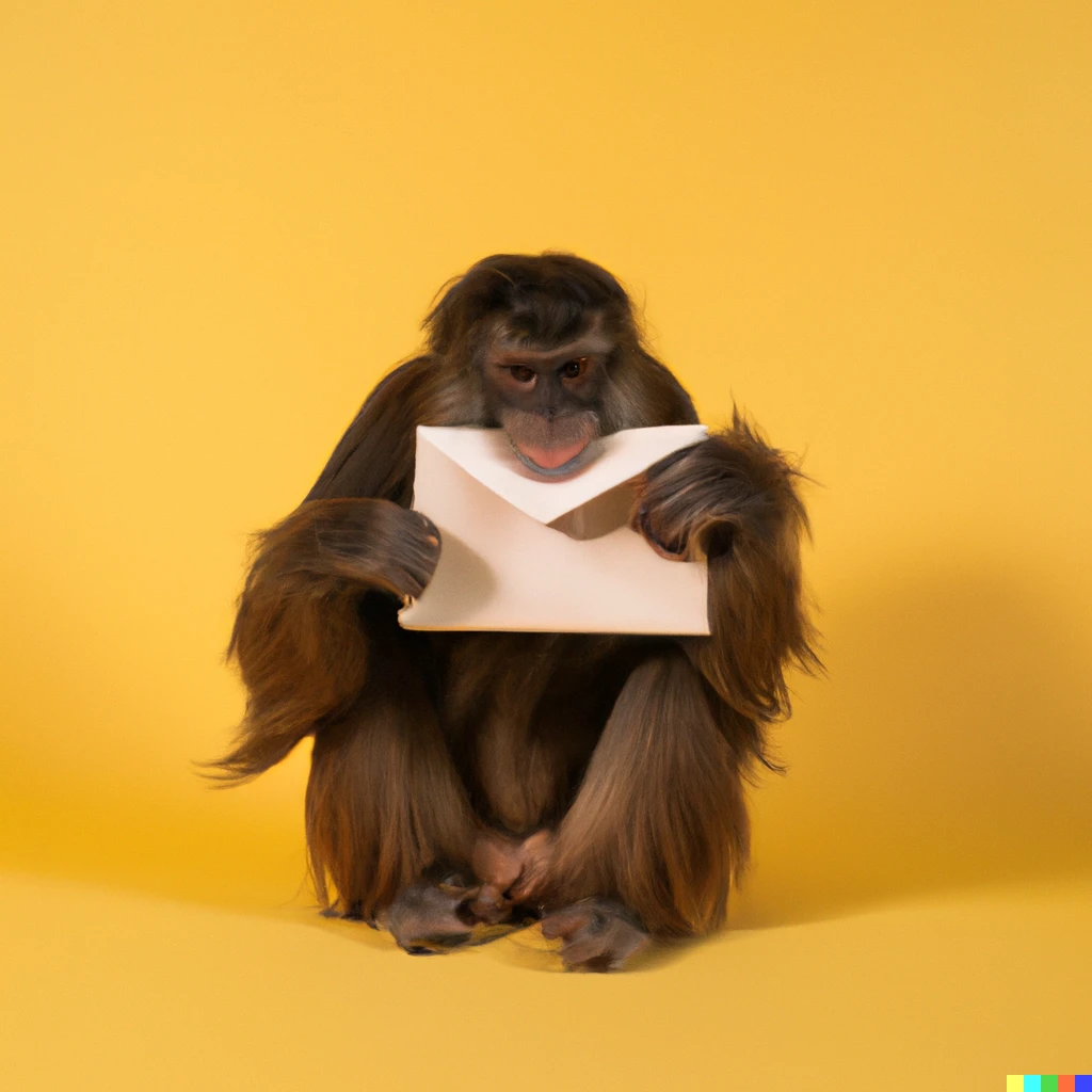 Prompt: Real Mailchimp licking envelopes, studio photo, yellow background