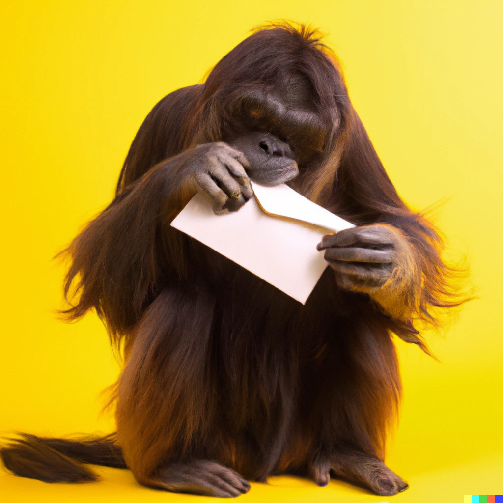 Prompt: Real Mailchimp licking envelopes, studio photo, yellow background