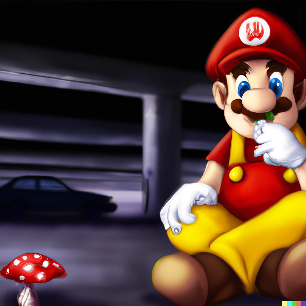 Prompt: super mario sitting on the floor of a dimly lit empty parking lot, eating a mushroom, gorgeous fan-art from deviantart