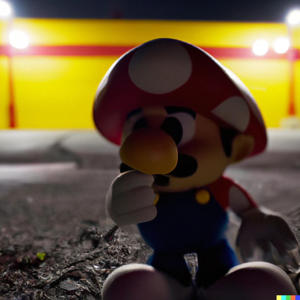 Prompt: super mario eating a mushroom on the floor of a dimly lit empty parking lot