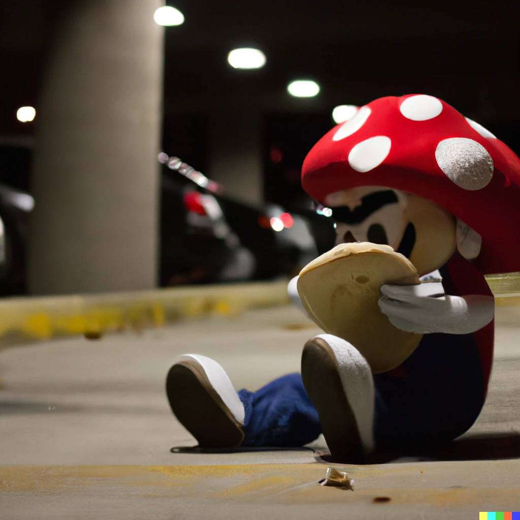 Prompt: super mario eating a mushroom on the floor of a dimly lit empty parking lot