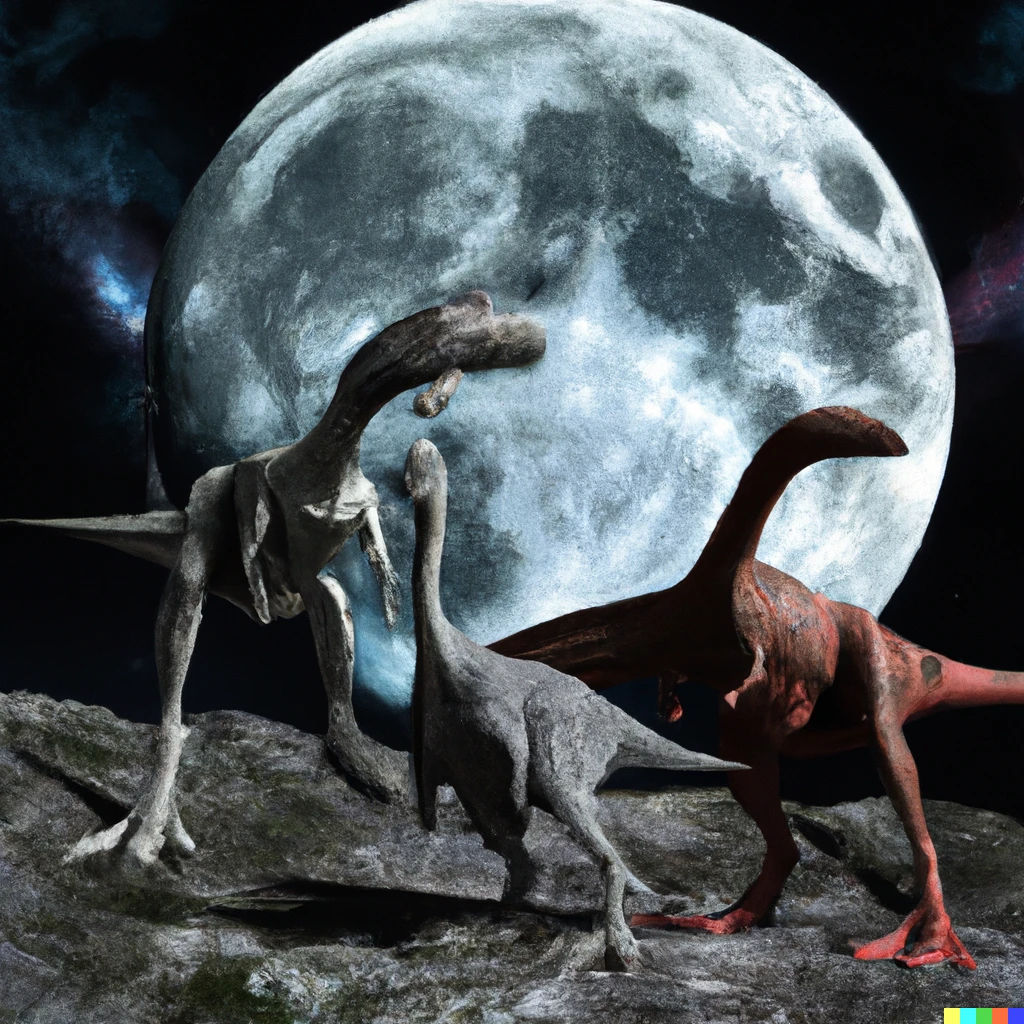 Prompt: brontosaurus and raptors on the moon with earth in background, digital art   