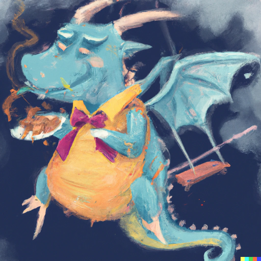 Prompt: Dragon with a necktie eating bbq on a rainy day, pastels