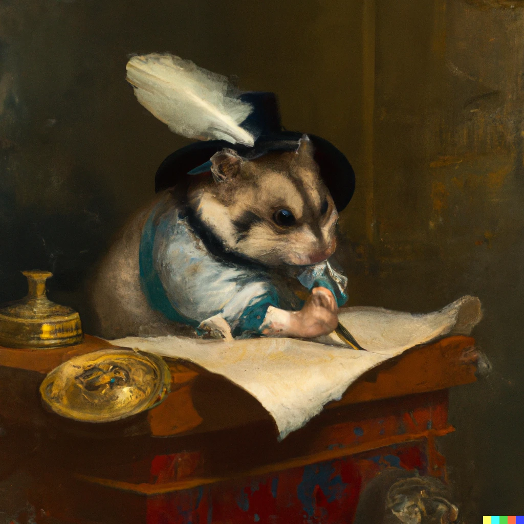 Prompt: an overworked hamster wearing a cavalier hat writing on parchment with a quill pen, painting by Thomas Eakins