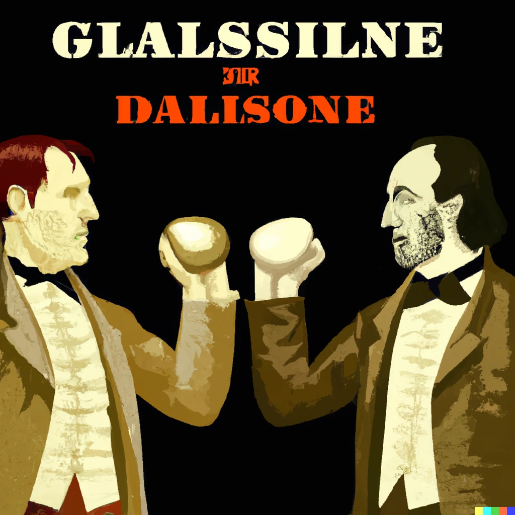 Prompt: Gladstone versus Disraeli in the style of a boxing poster
