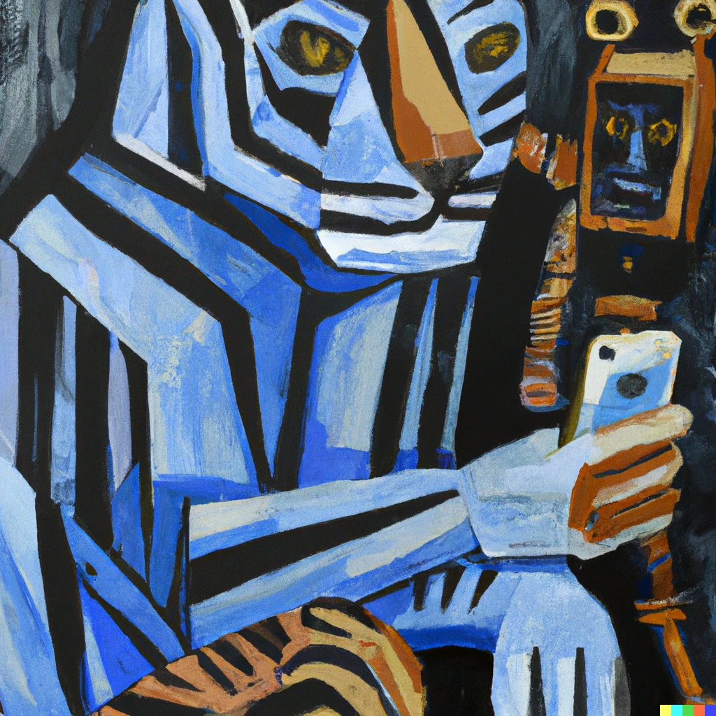 Prompt: an oil painting by Matisse of a tiger in blue and black stripes holding an iphone with a robot wearing a hoodie in cubism style 