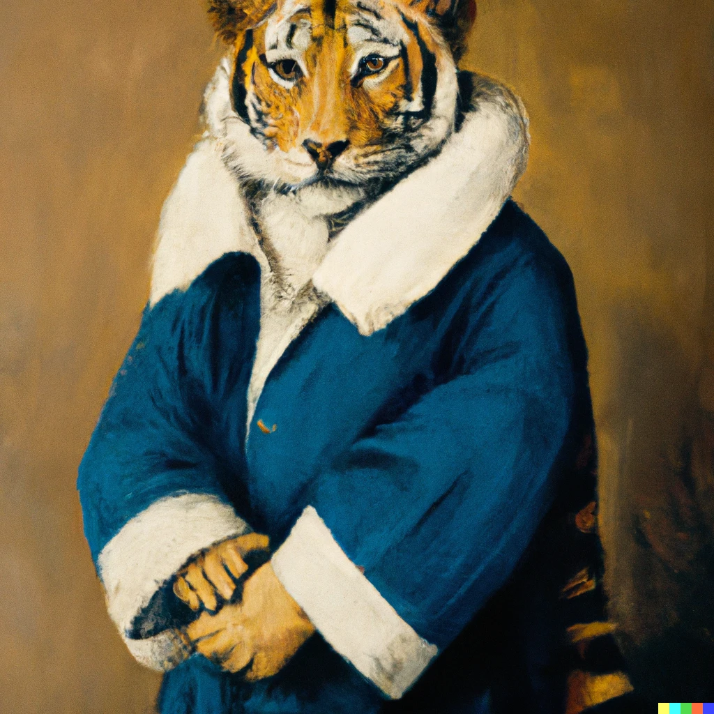 Prompt: " a tiger wearing a blue jacket" by Johannes Vermeer