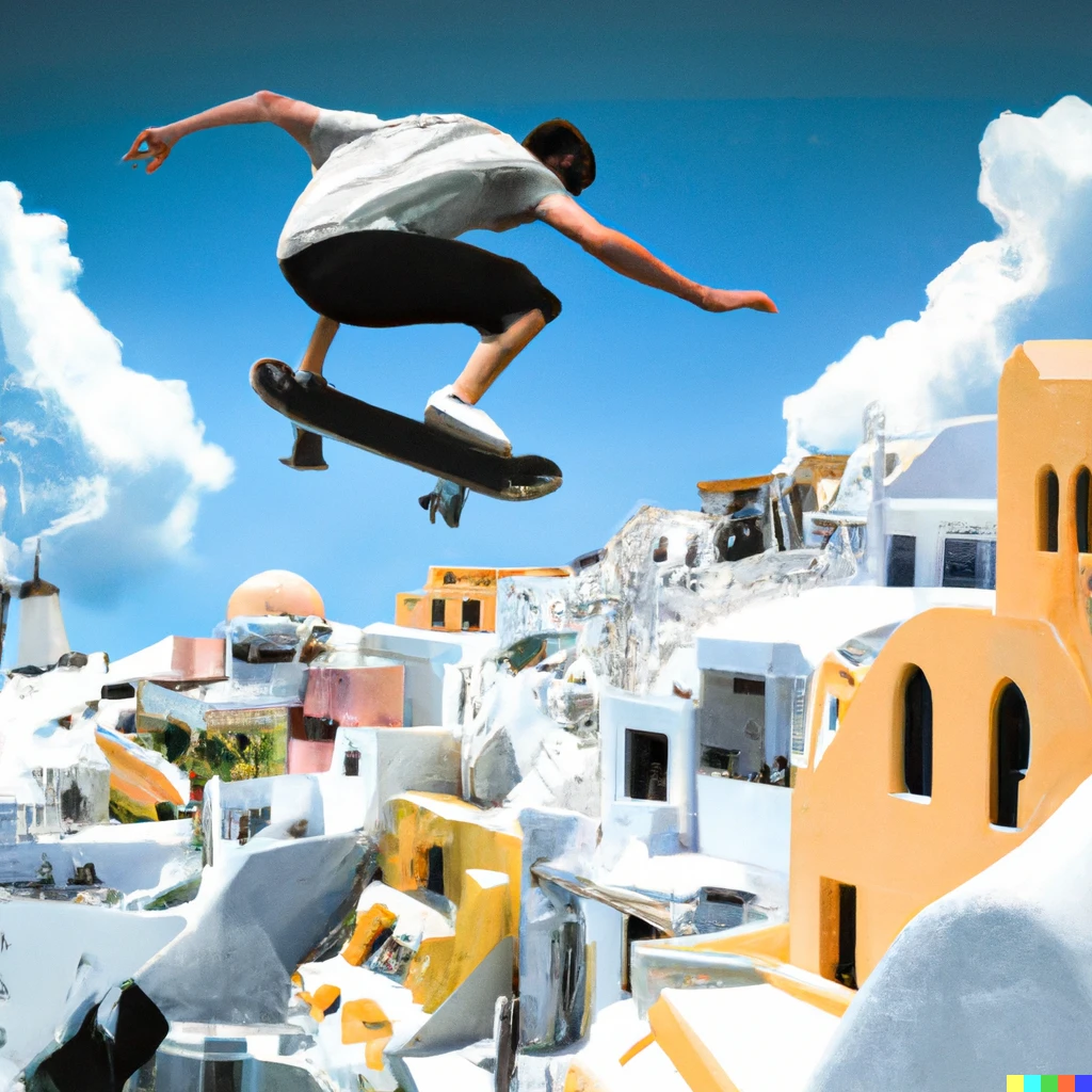 Prompt: Pro-skater high up in the air, doing an ollie trick over buildings in Santorini, Greece. Digital art