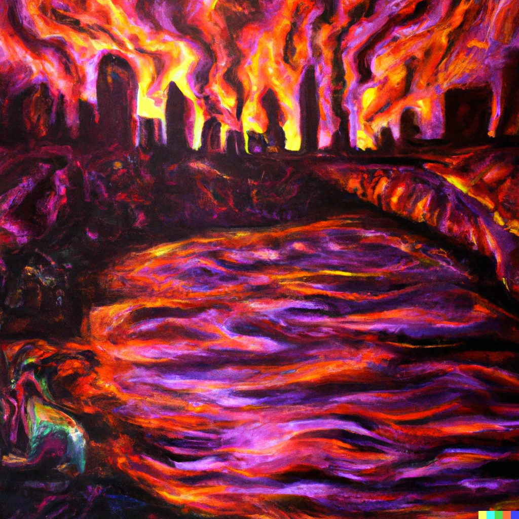Prompt: A burning city with the Grim Reaper stealing human souls at night with a red river and scary tornadoes of green and purple curses on oil painting