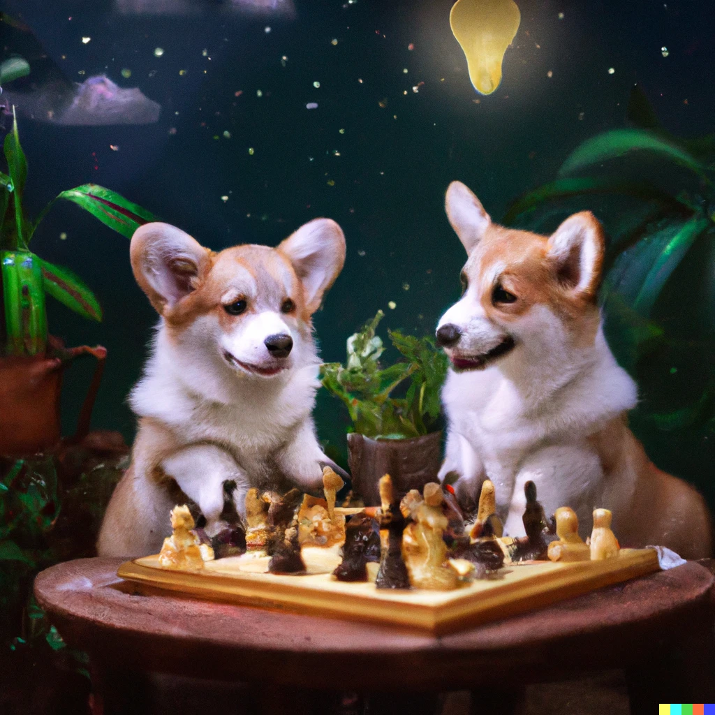 Prompt: a photo of a couple of happy corgi dogs playing chess in a starry night surrounded by tall plants and lights
