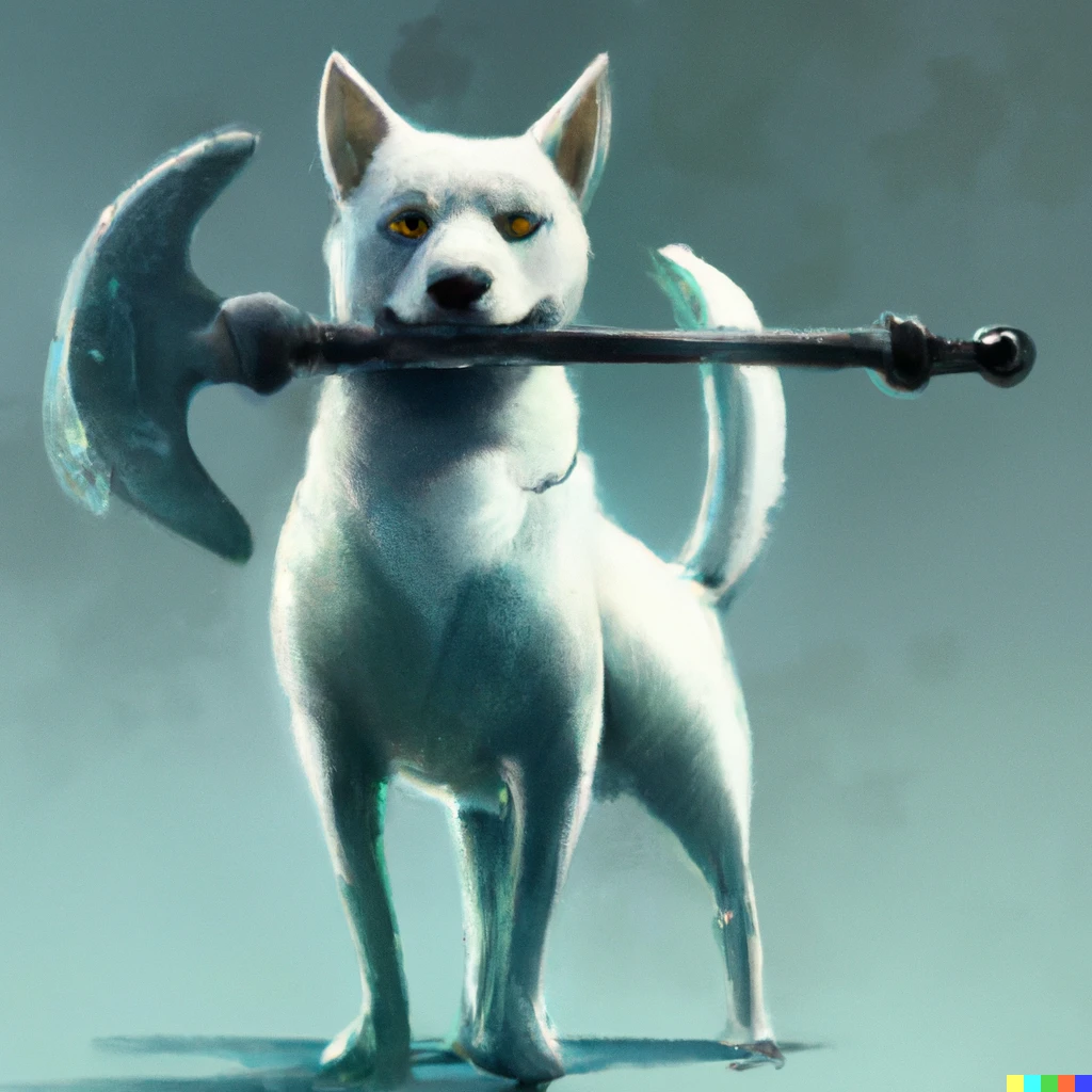 Prompt: white dog holding a sword with their mouth, Digital art