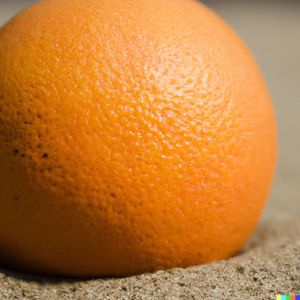 Prompt: an orange laying on sand