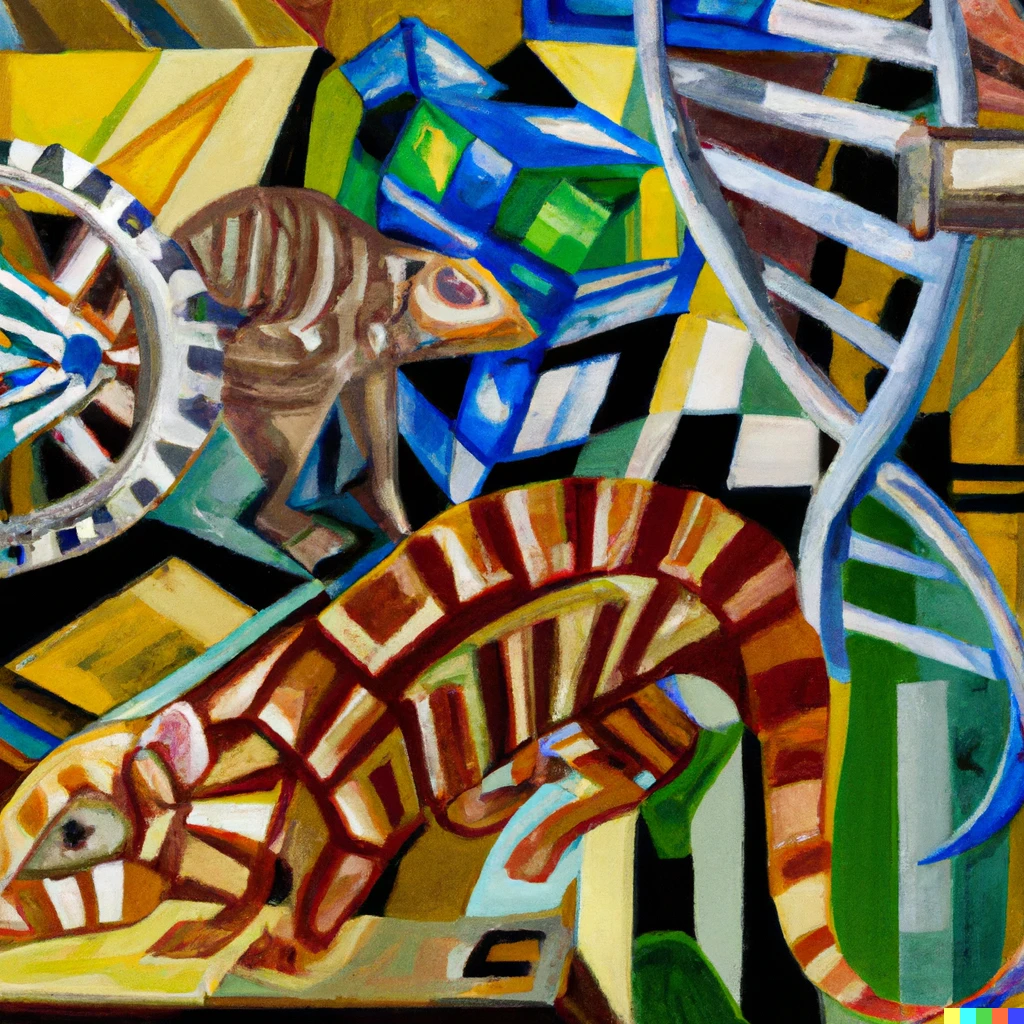 Prompt: A cubist painting of pangolins and DNA sequencing equipment