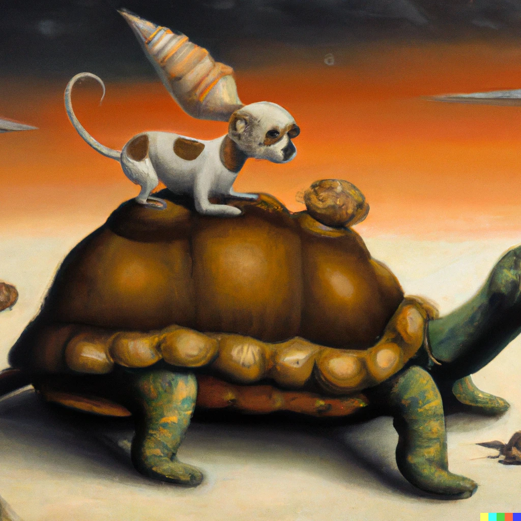 Prompt: A surrealist oil-painting in the style of Dalí, featuring a tortoise and a chihuahua who defend the universe from evil