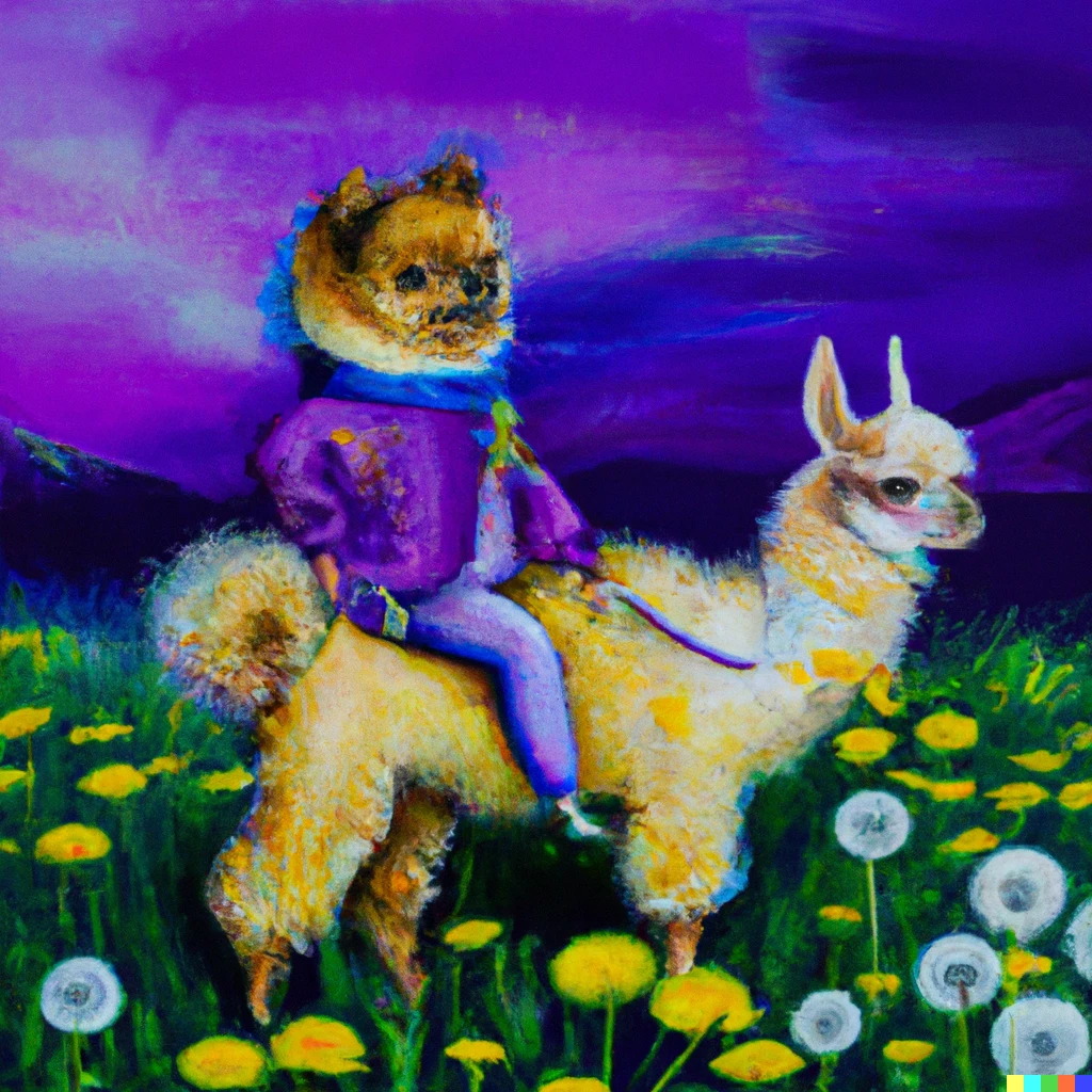 Prompt: An painting in the style of Rembrandt of a Chihuahua dressed in purple pajamas, riding a llama over a field of dandelions