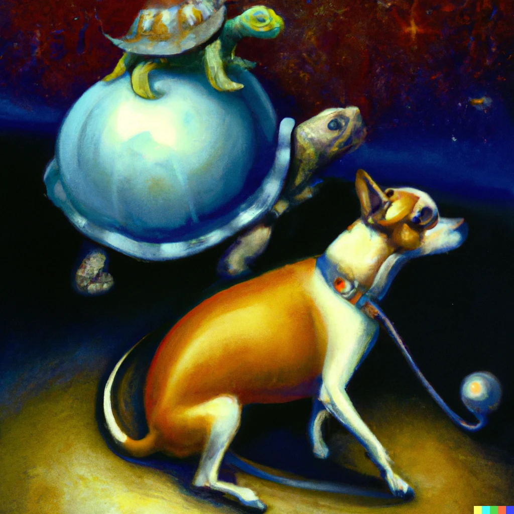 Prompt: A surrealist oil-painting in the style of Dalí, featuring a tortoise and a chihuahua who defend the universe from evil