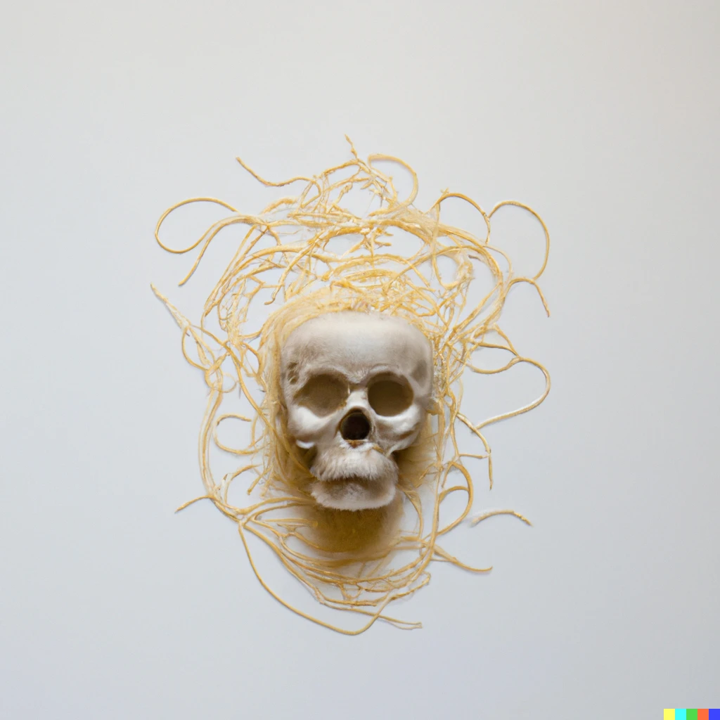 Prompt: Photography of a human skull made of spaghetti