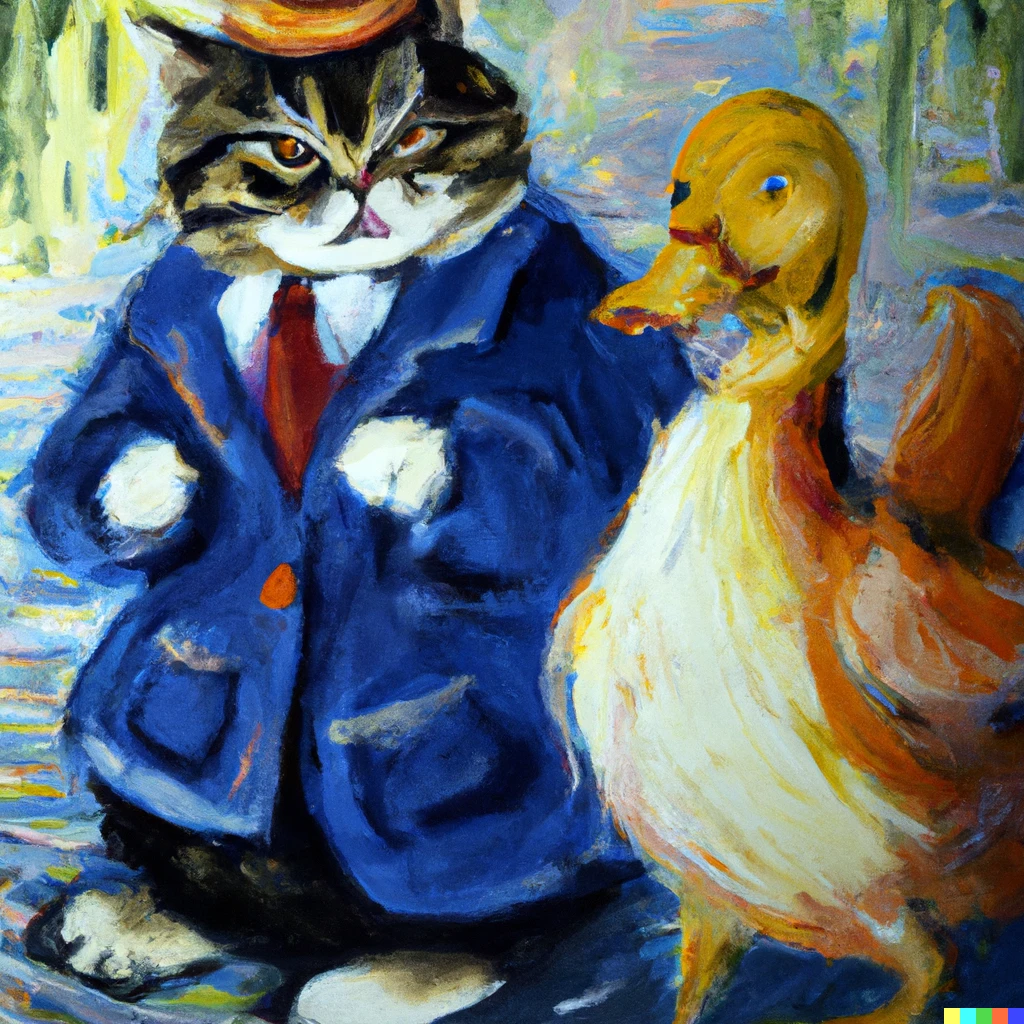 Prompt: A painting in the style of Renoir depicting a cat plotting against a duck dressed in a suit.