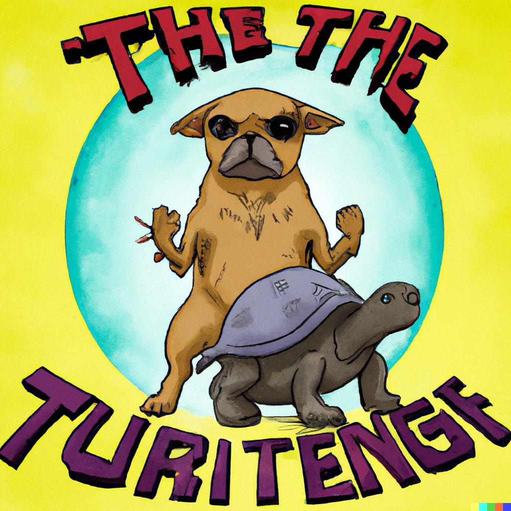 Prompt: A movie poster featuring a tortoise and a chihuahua who defend the universe from evil