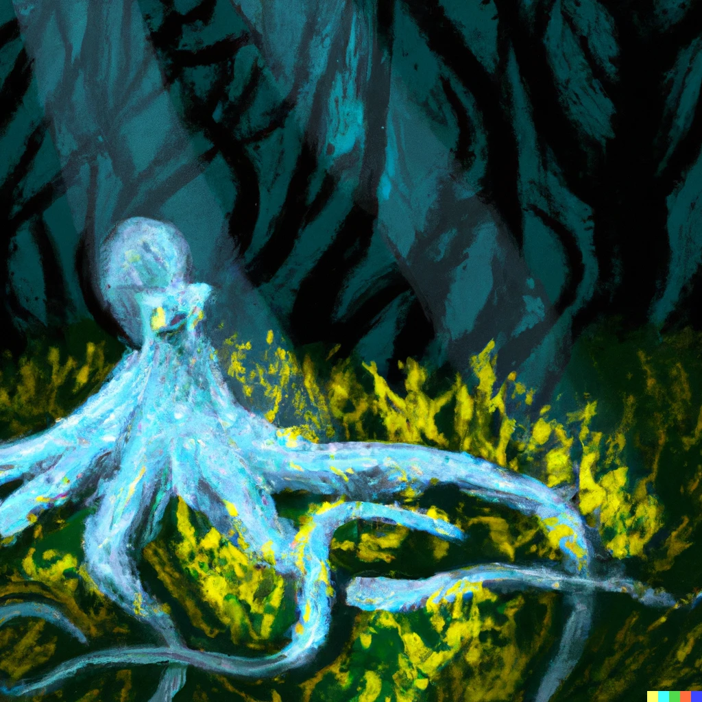Prompt: A meditating octopus in the deep ocean and amongst an algae forest, with a ray of light shining down, in the style of Vincent van gogh
