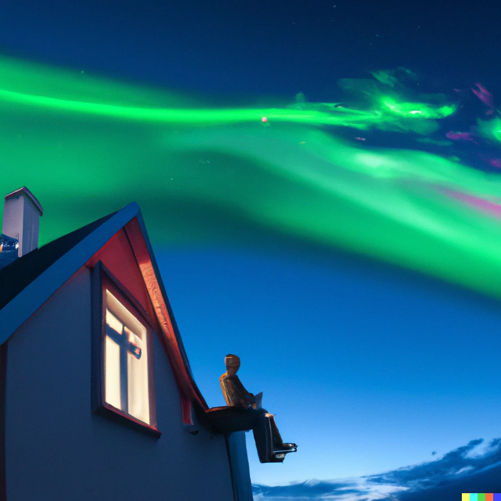 Prompt: A teenager looking at aurora borealis while sitting on top of a house which the size of toy