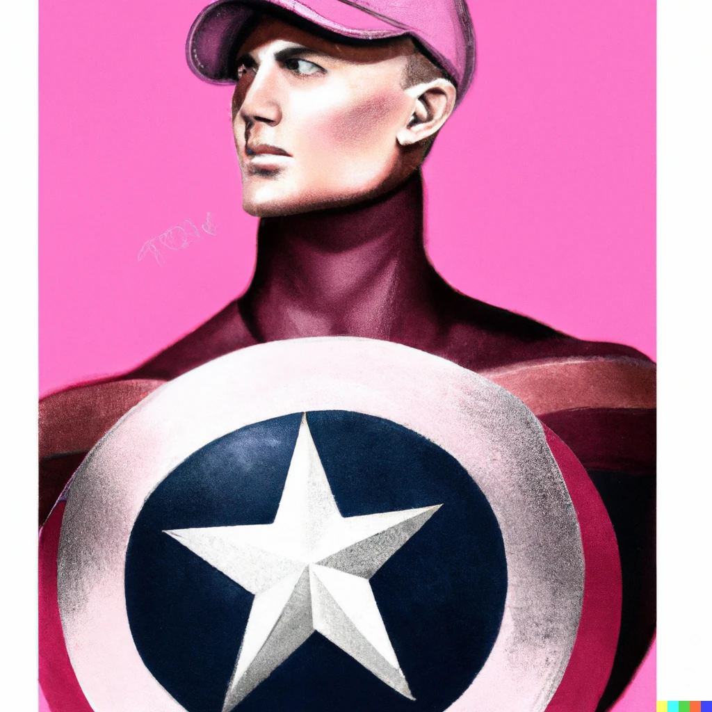 Prompt: A Vogue cover of Captain America wearing pink négligé 