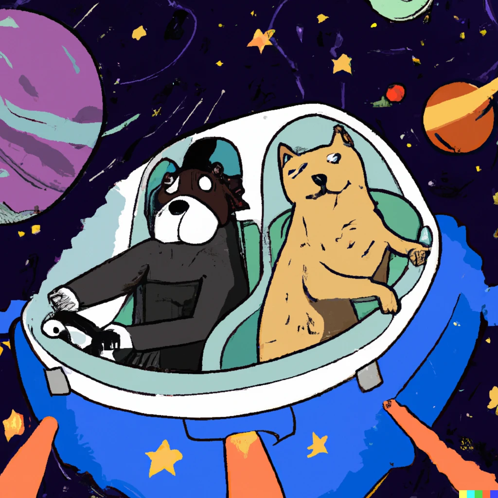 Prompt: a dog and a cat driving in space