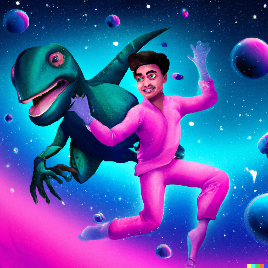 Prompt: Bollywood actor dancing in outer space with dinosaurs