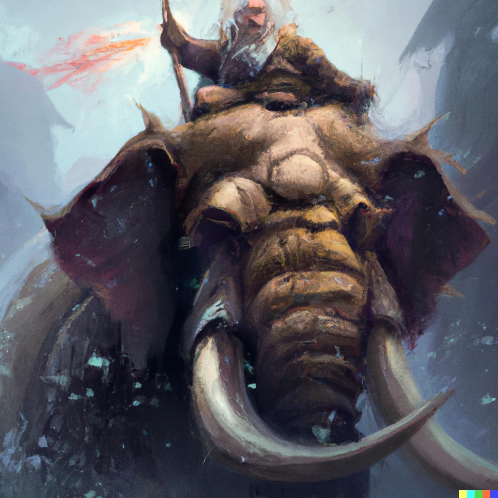 Prompt: an old man facing death, riding an elephant and holding a spear, digital art