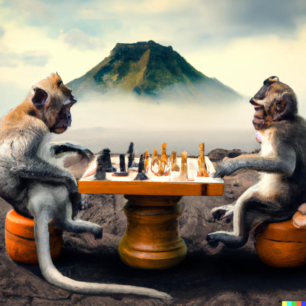 Prompt: two monkeys playing chess inside a volcano