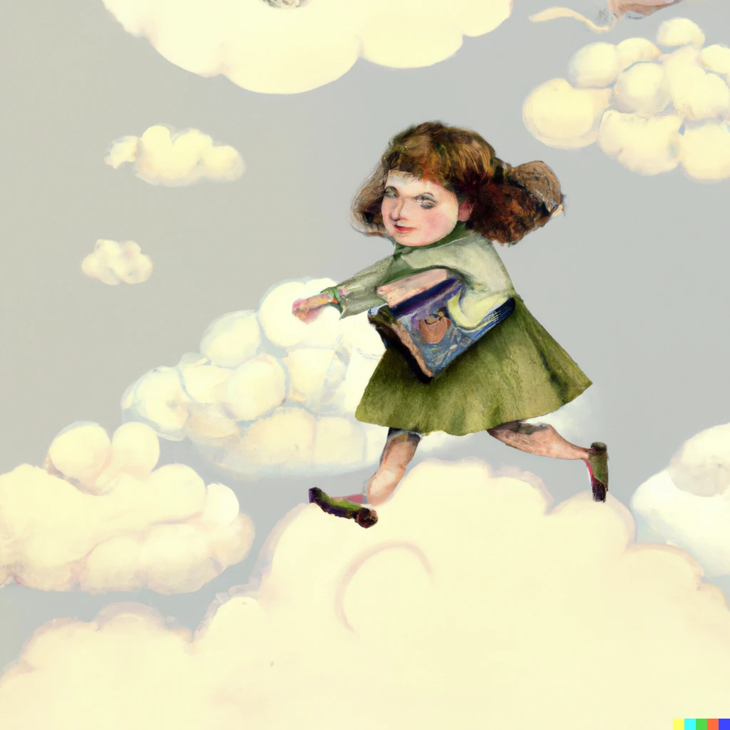 Prompt: a little girl, holding a book and walking on the clouds, real art