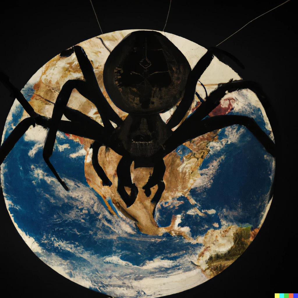 Prompt: a big spider eating the planet earth, real art