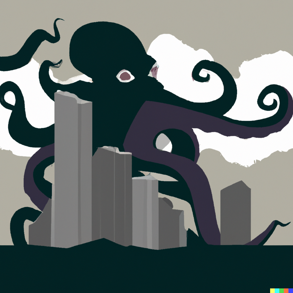 Carlos × DALL·E 2 | a giant octopus devouring a skyscraper