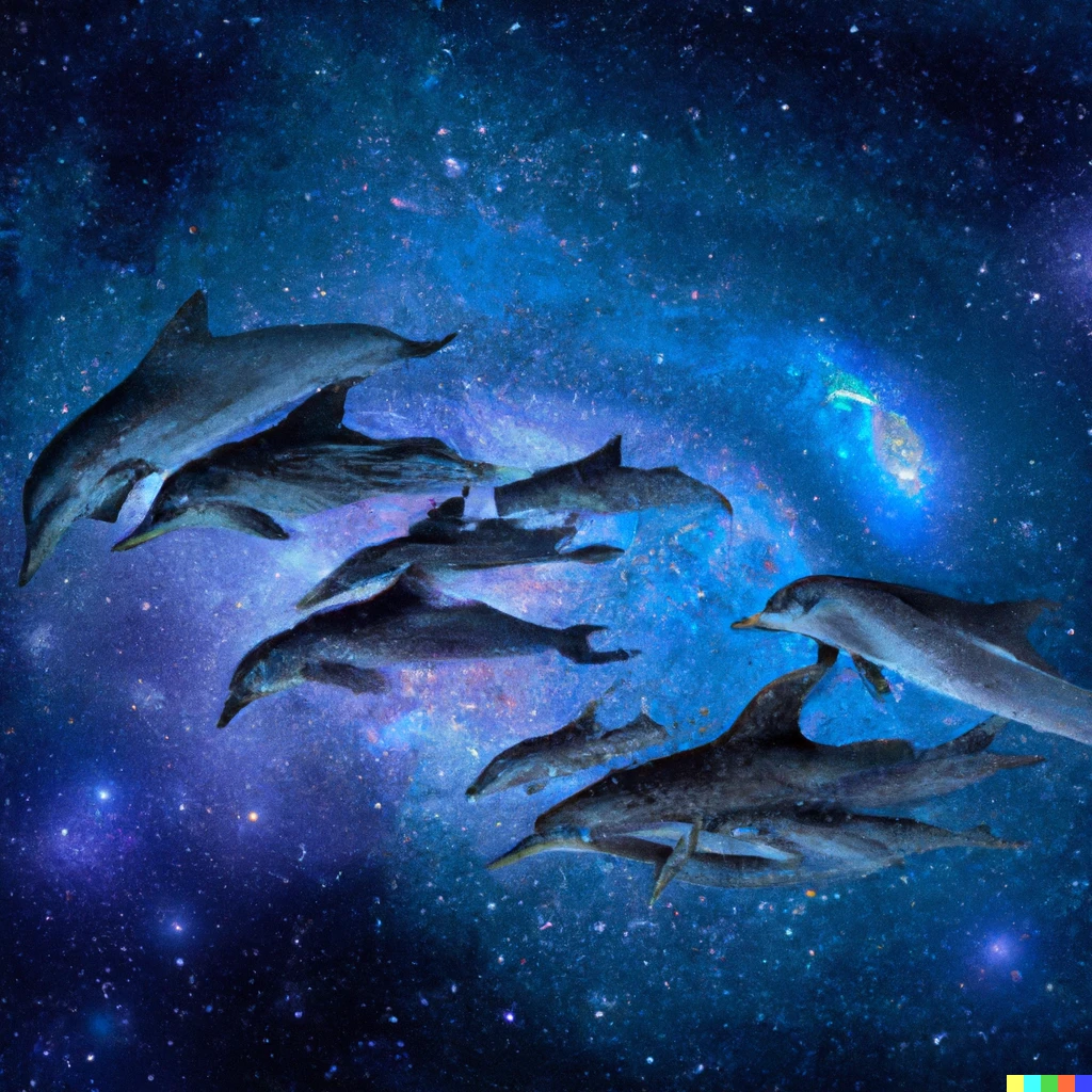 Prompt: Pod of dolphins swimming through outer space