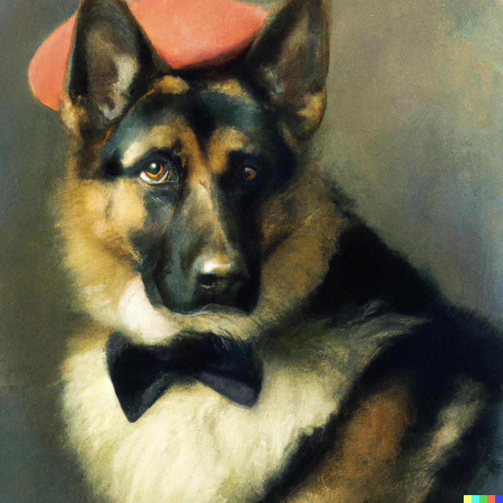 Prompt: a portrait, by John Singer Sargent, of a German Shephard wearing a beret and bowtie