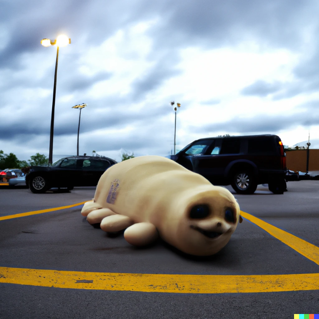 Prompt: A creepy cryptid with dozens of legs in a Walmart parking lot 