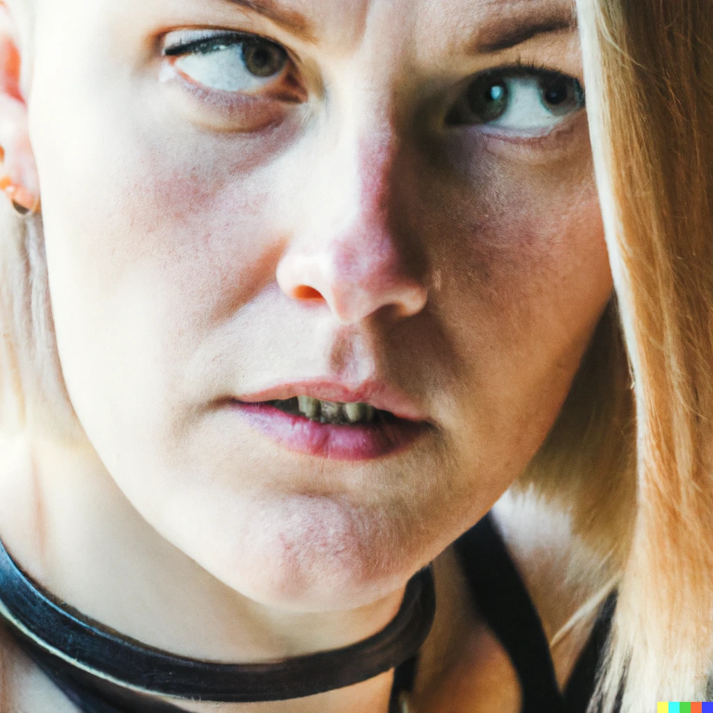 Prompt: portrait of young nordic girl, age 25, freckled skin, leather choker, blue eyes, blond hair, 35mm lens, photography, ultra details 