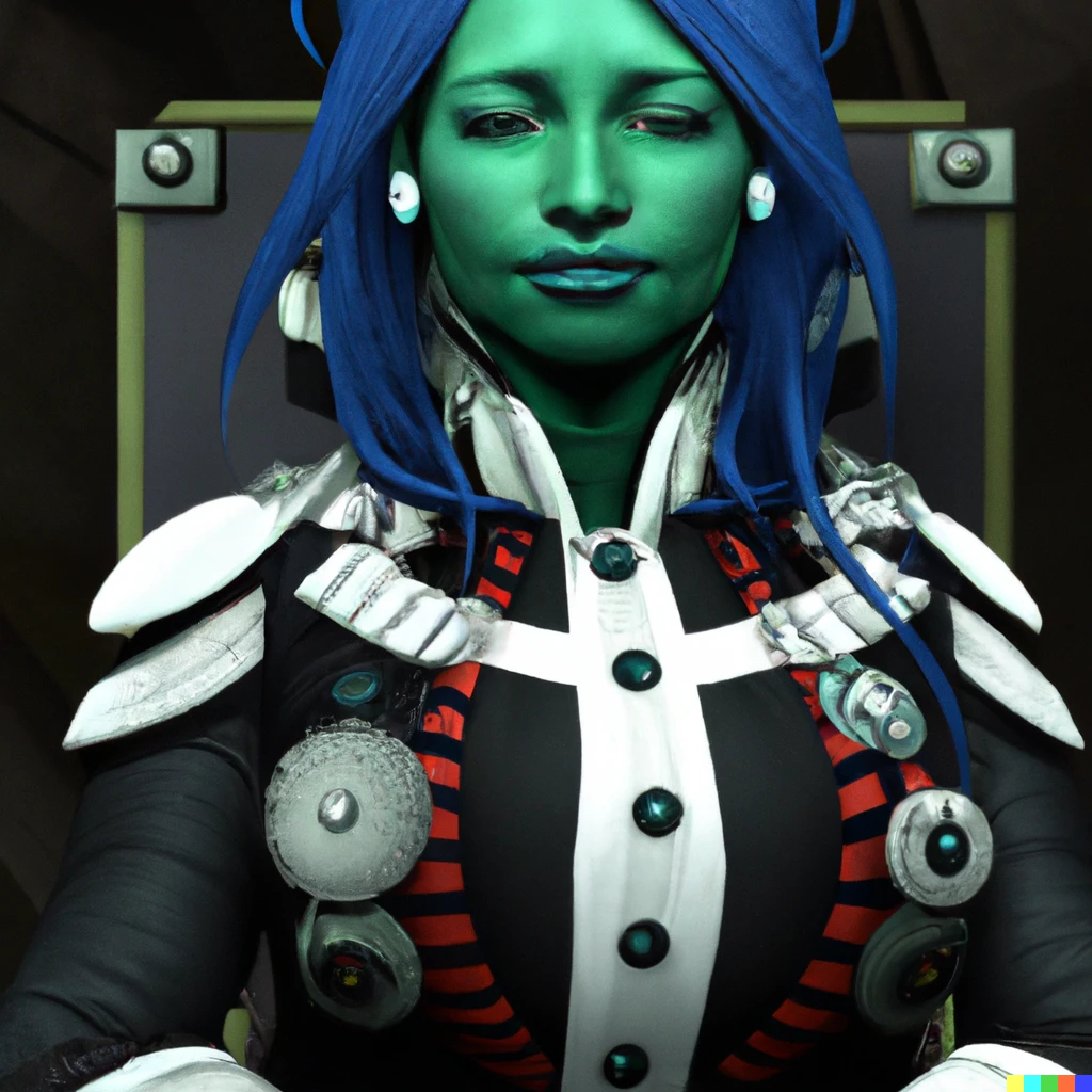 Prompt: Dieselpunk 3D digital art of a female orc in a formal military uniform | orc girl with dark blue skin, neon green hair, and a white uniform