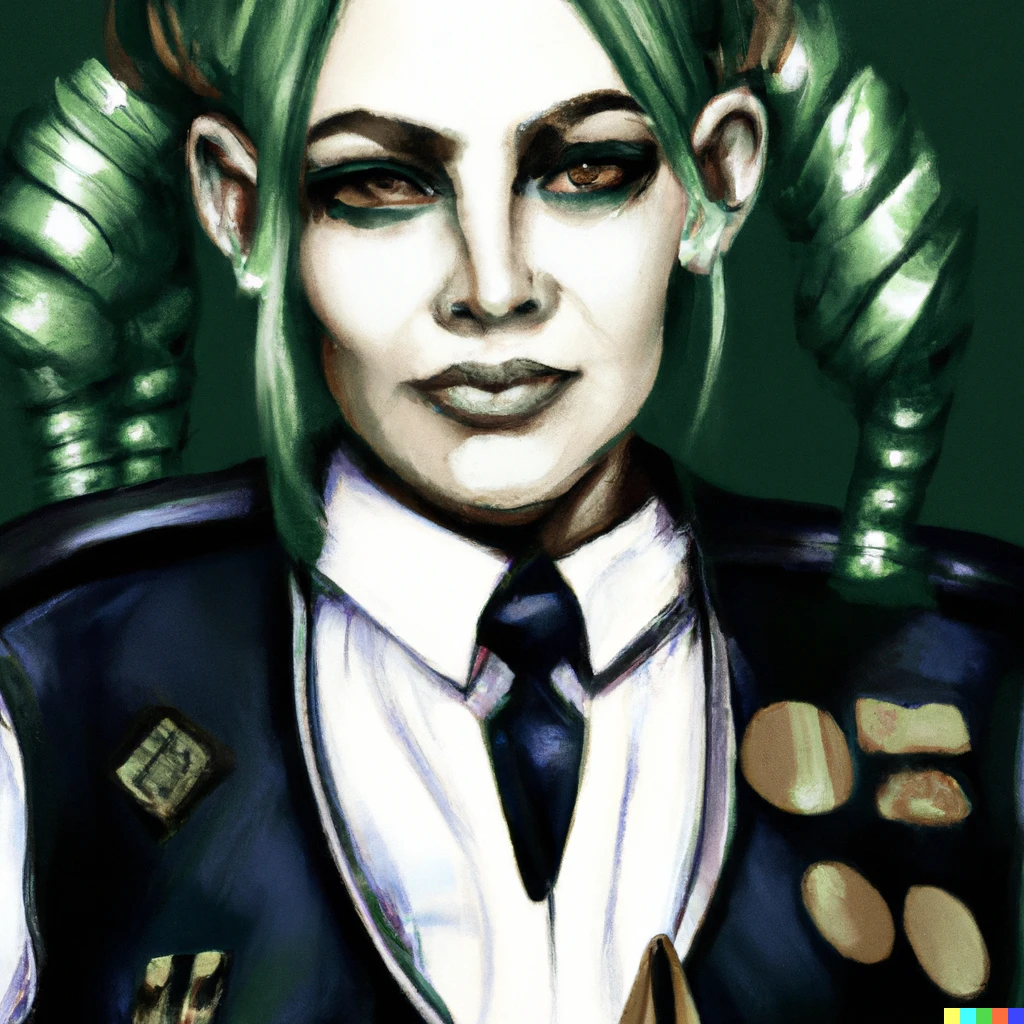 Prompt: Dieselpunk digital portrait of a female orc in a formal military uniform | dark blue skin, green hair, white uniform 