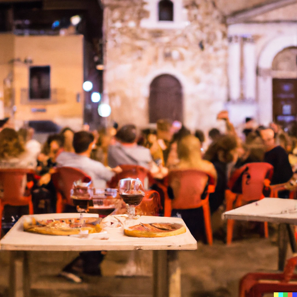 Prompt: Watching people enjoying live in Sicilia with pizza and red wine 