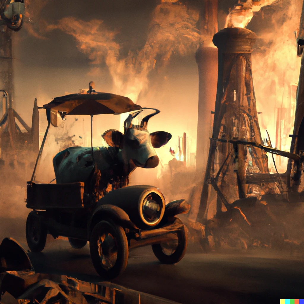 Prompt: A cow driving his car through a steampunk dystopian city at dawn