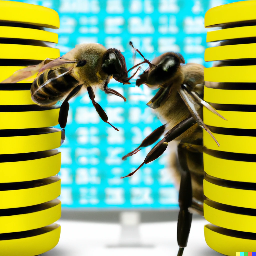 Prompt: Two bees talking in front of a bank of monitors
