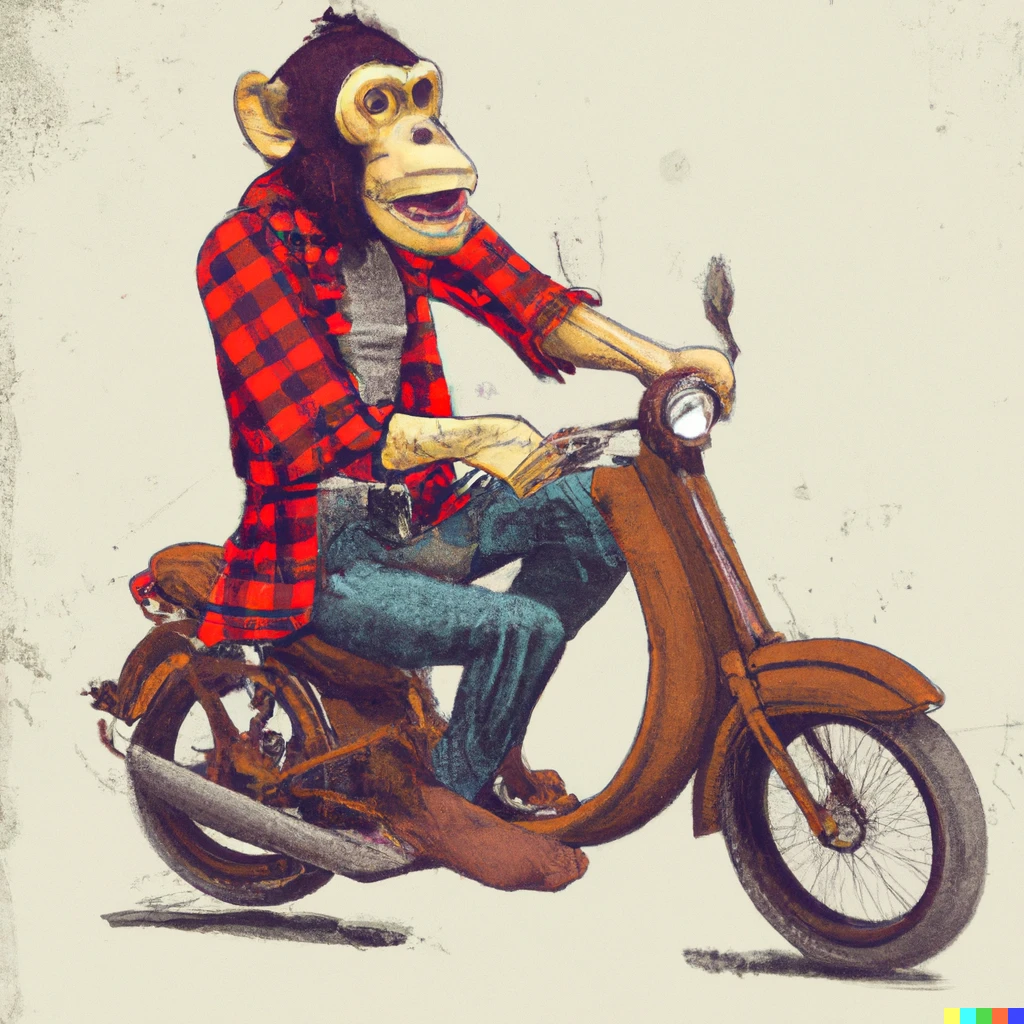 Prompt: Hipster monkey with a lumberjack shirt riding a vintage motorbike