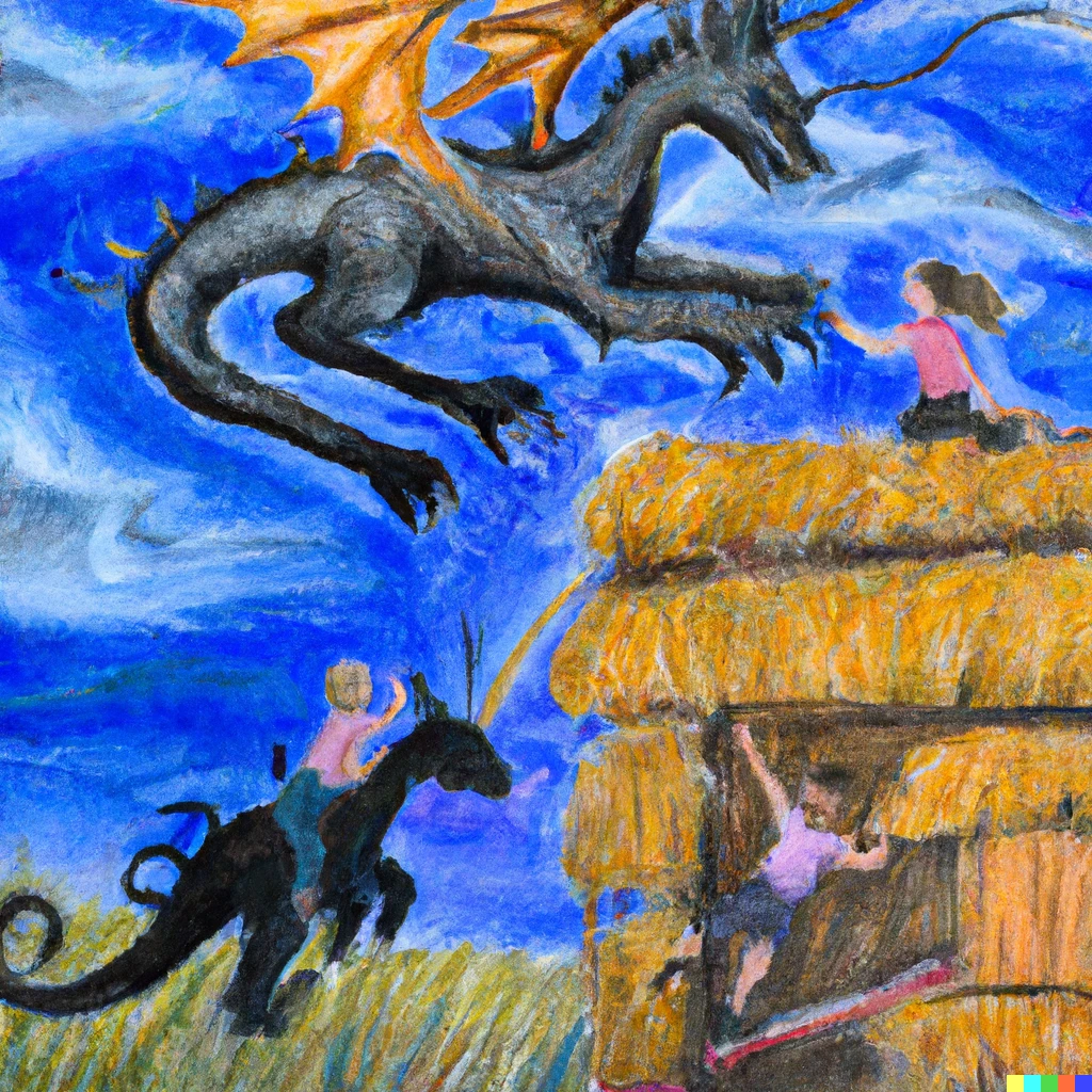 Prompt: A realistic painting of kids playing on a fortress of hay, a dragon flying above