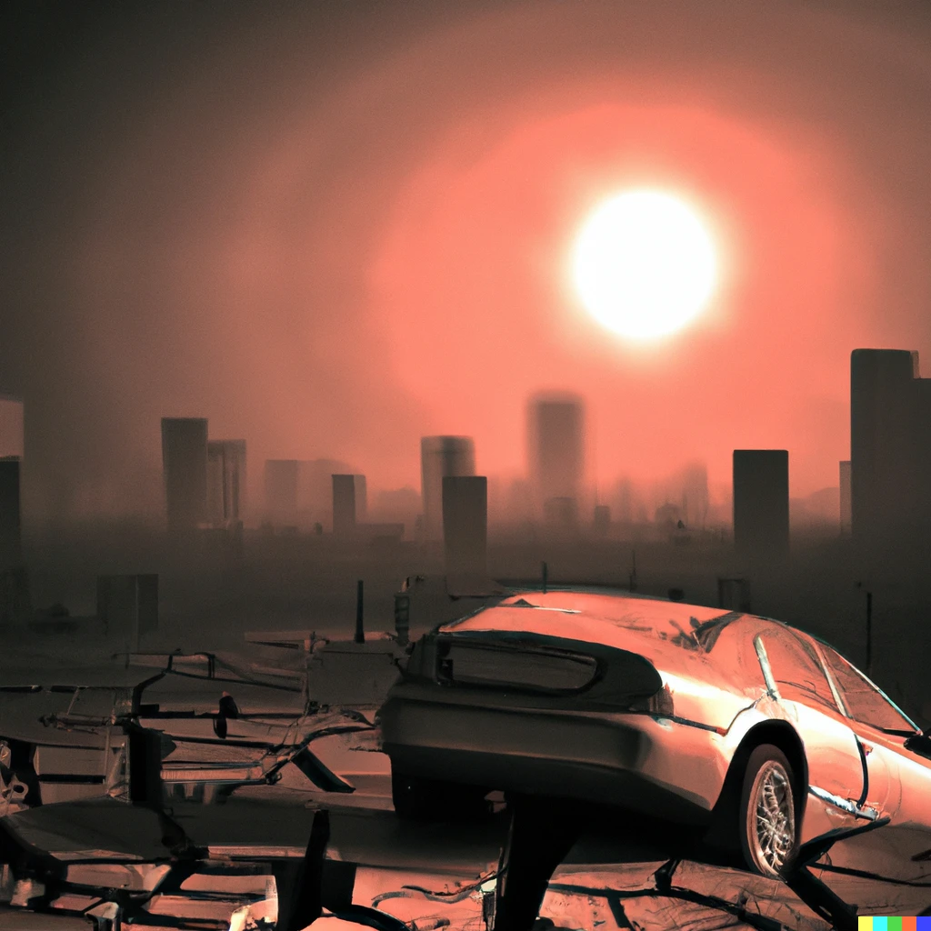 Prompt: a foto of a futuristic city, heat and dry surrounding, red sun, no water, crashed car