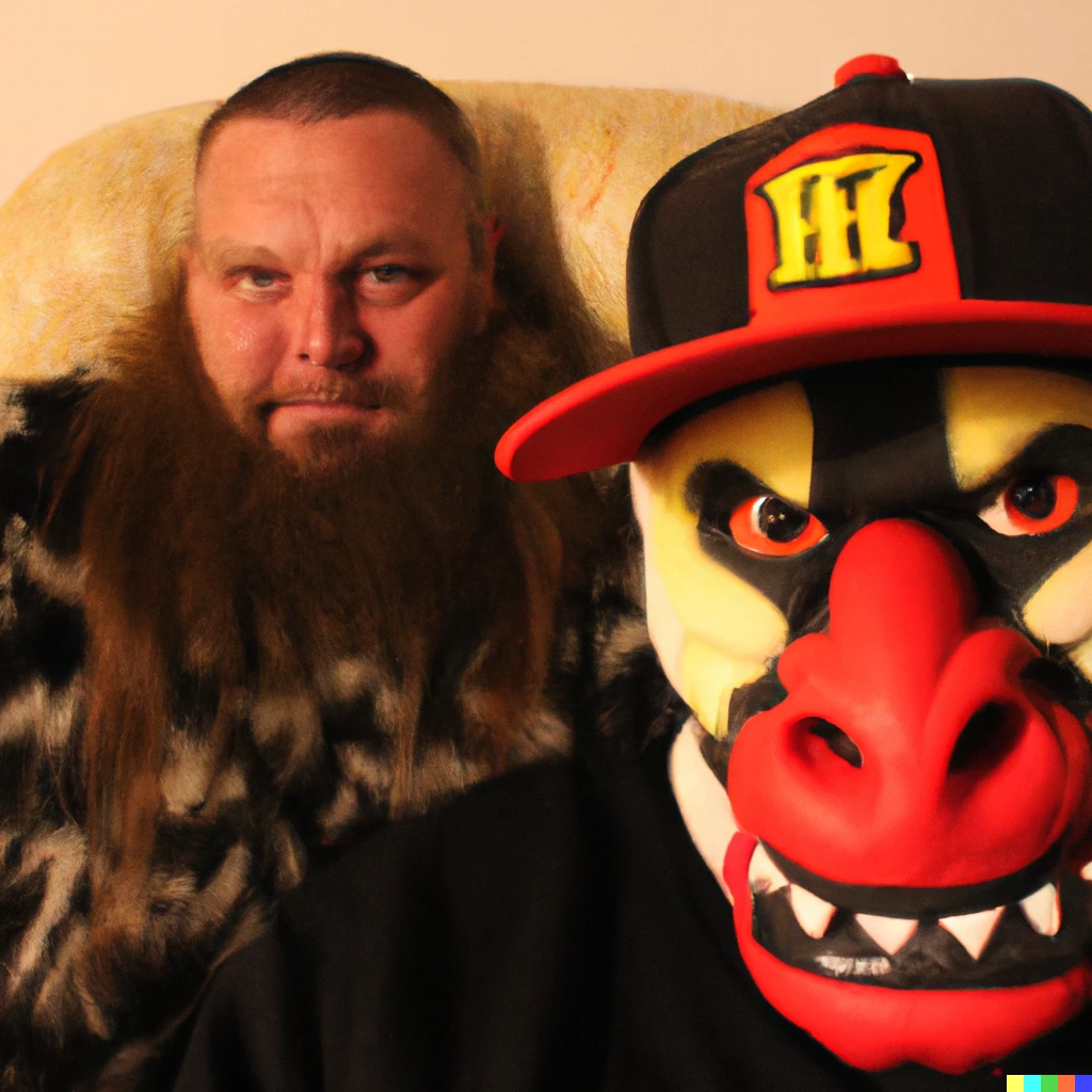 Prompt: Violent J of the Insane Clown Posse hanging out with bigfoot